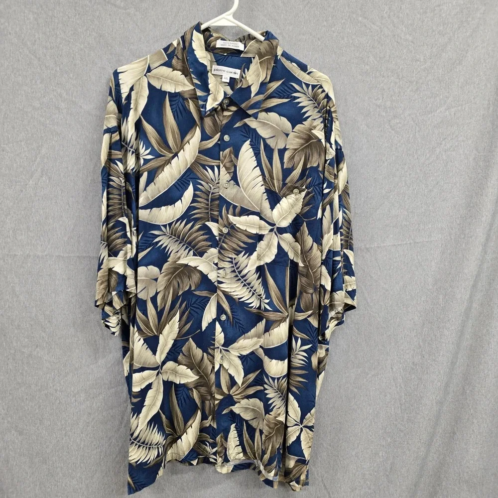 Pierre Cardin Mens XXL Tropical Palm Leaf Rayon Button Down Shirt Navy Blue‎ Tan
